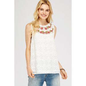 entro Floral Embroidered Lace Top, Off-White